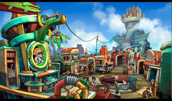 Chaos auf Deponia: der Marktplatz des Schwimmenden Schwarzmarkts