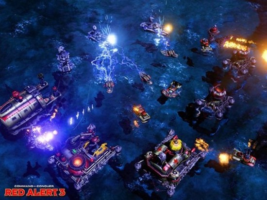Command & Conquer: Alarmstufe Rot Screenshot Eine typische Spielszene: Alliierte Zerstörer (oben) greifen eine sowjetische Marinebasis an.